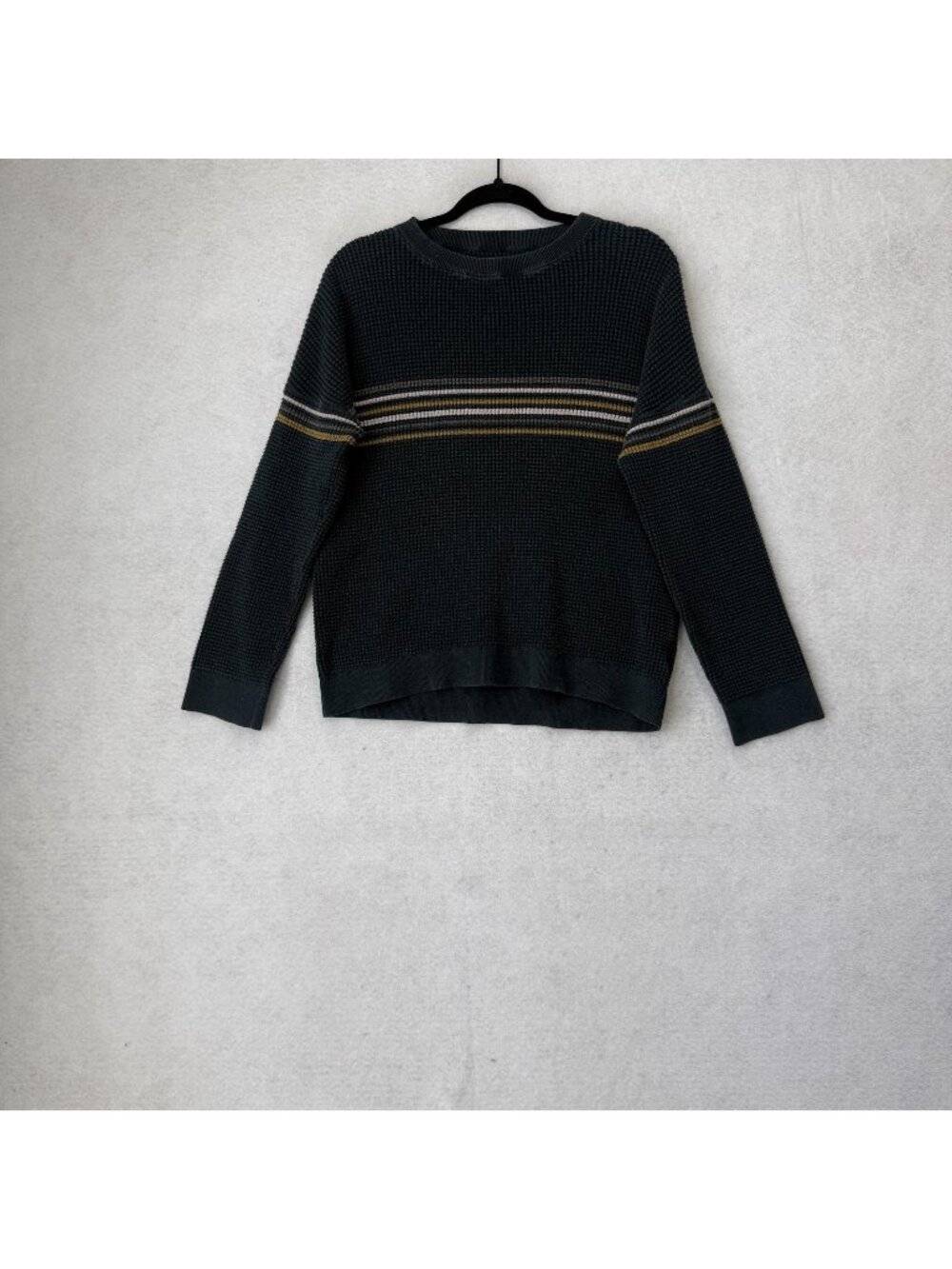 REI Cooperative Sweater Womens Large Green Stripe Waffle Knit Cotton Pullover